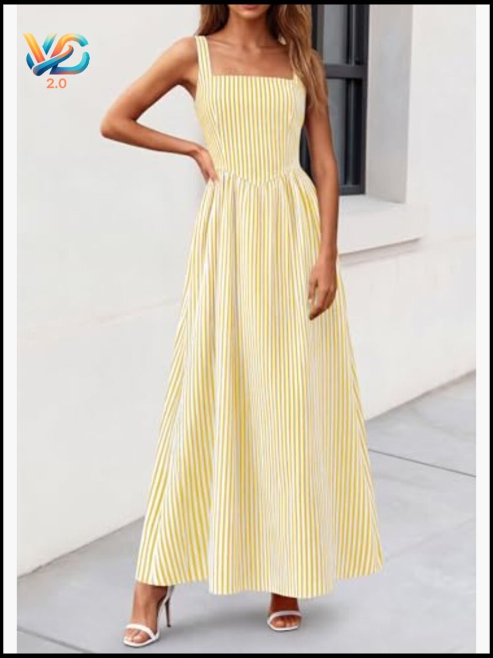 Women's Striped Maxi Dress Fit & Flare Square Neck Sleeveless Summer Sundress - Picture 3 of 7